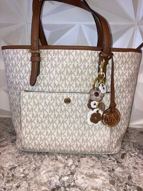 Michael Kors Vanilla Canvas Tote with Tan Leather Trim